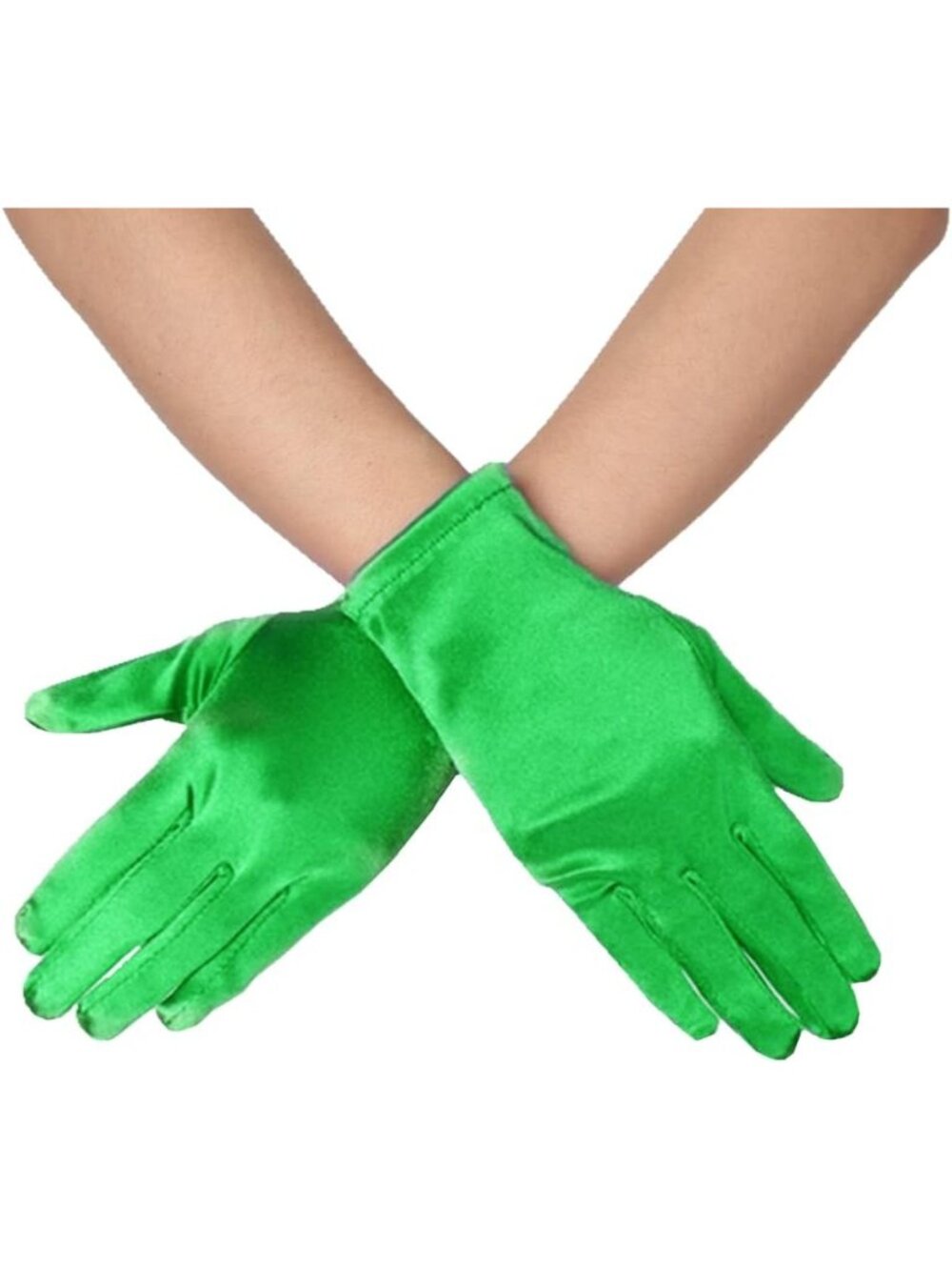 Women Green Wrist Length Vintage Style 9 Inches Short Satin Mittens Opera Gloves